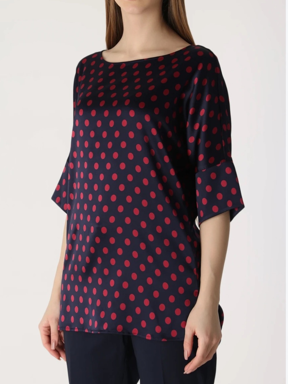 ST.JOHN BOUCLE KNITS 95% SILK BLOUSE NAVY BLUE WITH RED POLKA DOTS SZ 8
